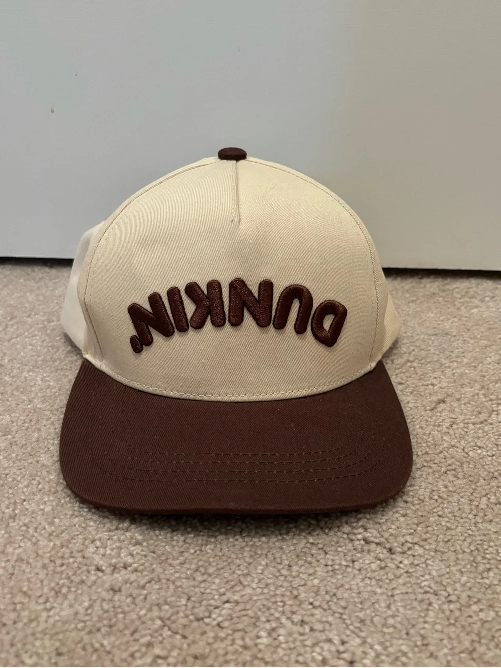 DUNKIN' Donuts Adult SnapBack Hat Tan Logo Embroidered Upside Down Baseball Cap